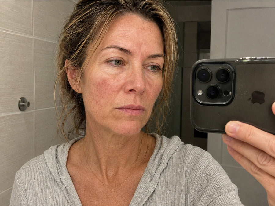 Woman looking at her skin in the mirror