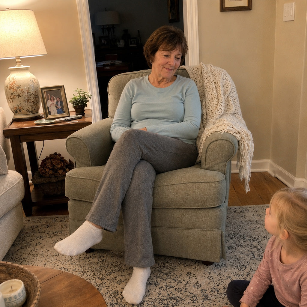 A grandmother sits in her chair looking down at her young granddaughter, who is patting the floor.