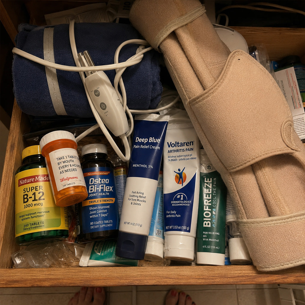 A bathroom shelf with half-used menthol creams, a pill bottle, a rolled-up heating pad and a knee brace.
