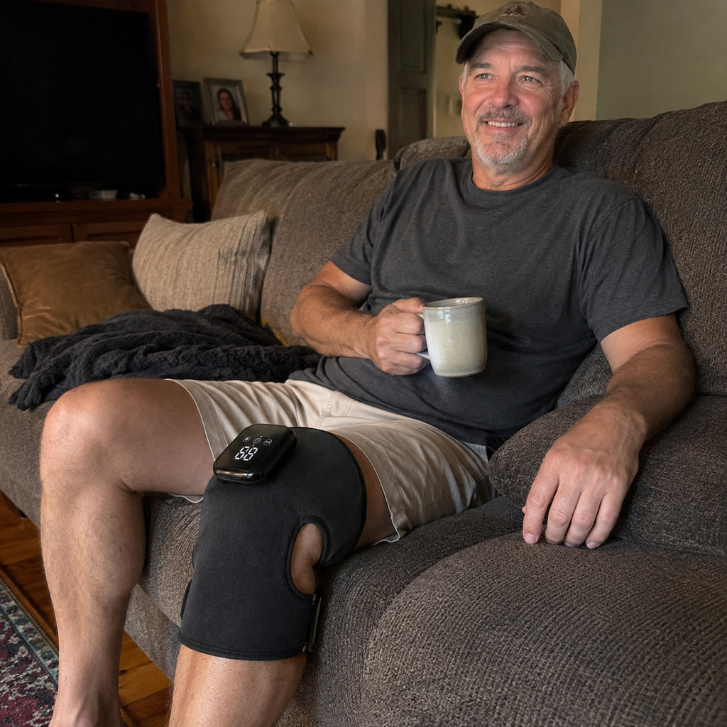 A man relaxing on the couch with the Lanarie Knee Relief Pro on his knee and a coffee mug in hand.