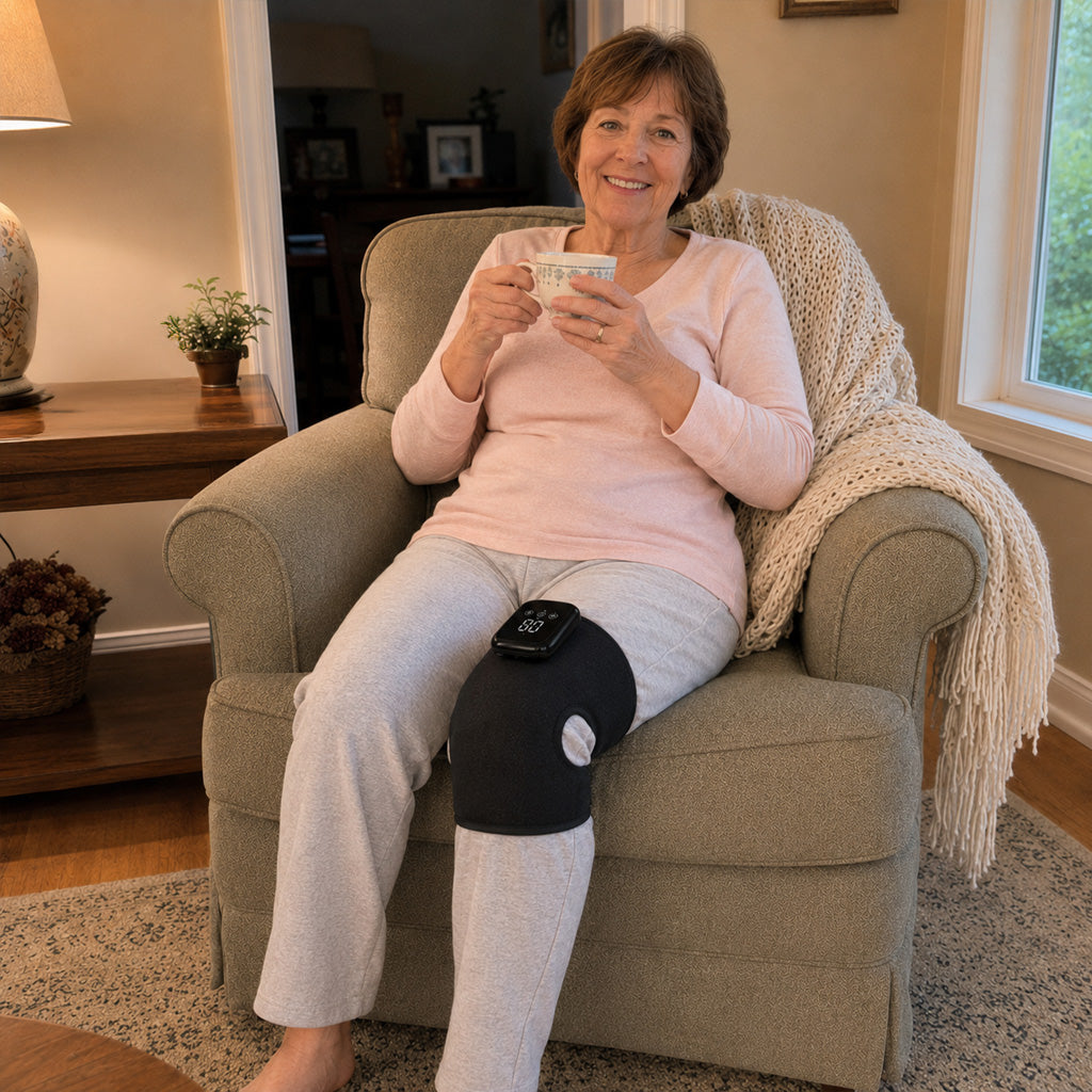 A grandmother relaxing in her armchair with a cup of tea and the Lanarie Knee Relief Pro on her knee.